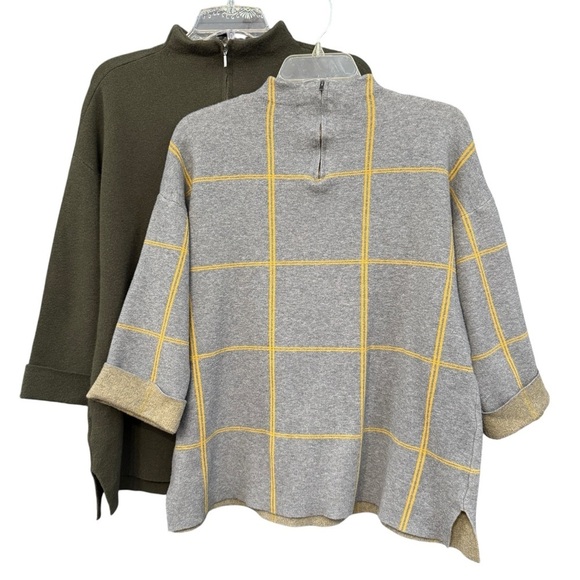 Tahari Sweater Bundle L Mock Neck Zip Back Olive Green & Gray Plaid - Picture 2 of 6